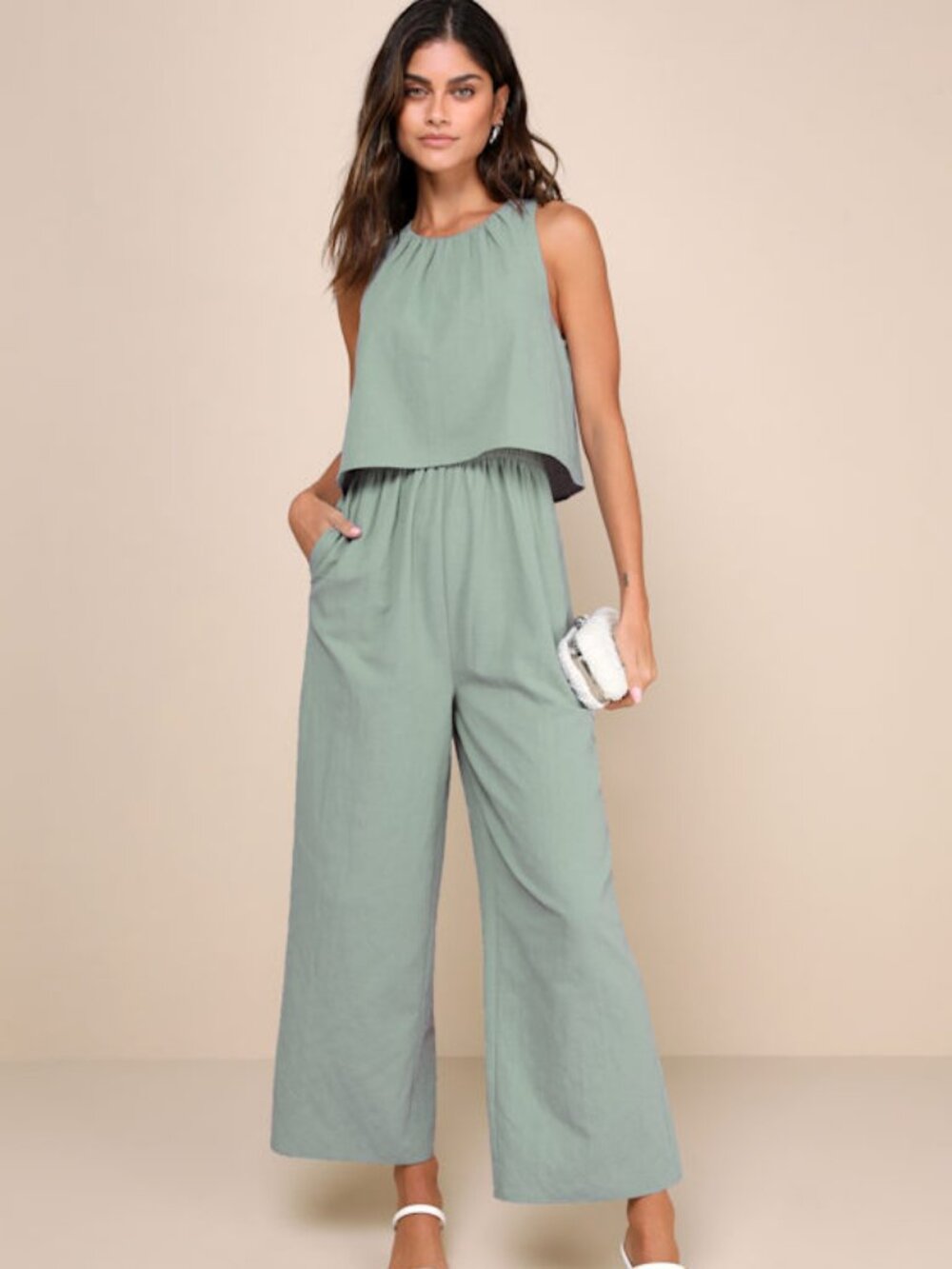 Lulus Breezy Sophistication Sage Green Textured Wide-leg Jumpsuit - Size S